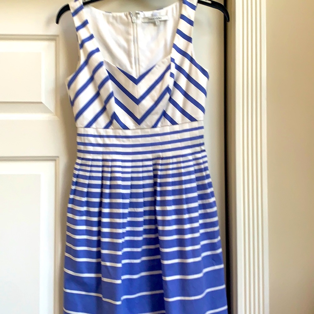 Max & Cleo blue/white stripped dress with pin tuck waistline pleats  NWOT
